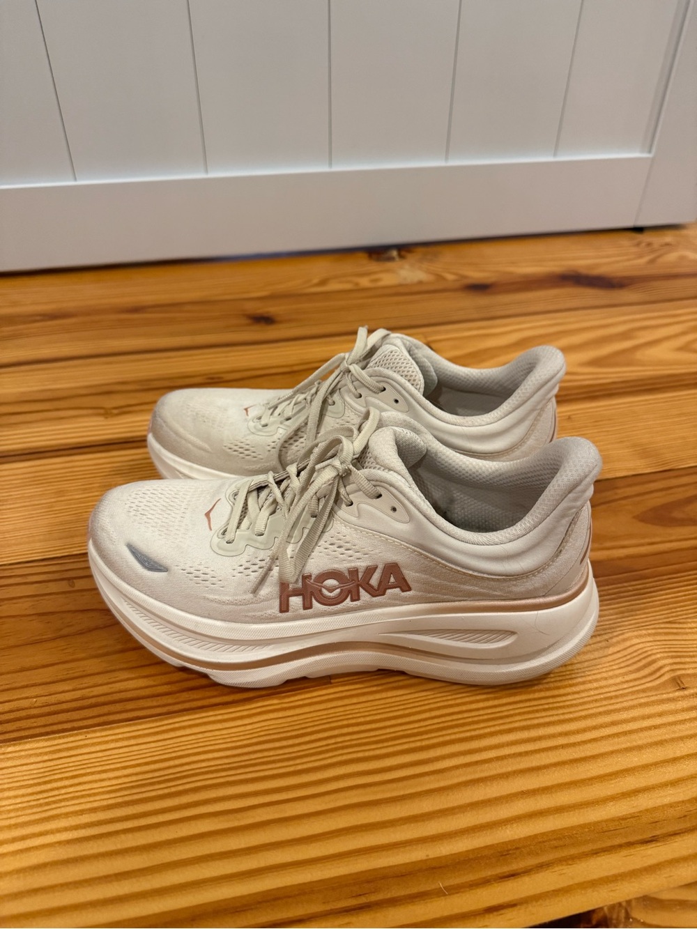 Hoka One One Women's Cream Running Shoes with Rose-Gold Logo
